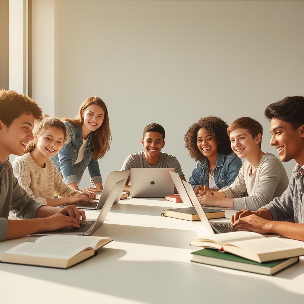 Diverse group of students learning together online