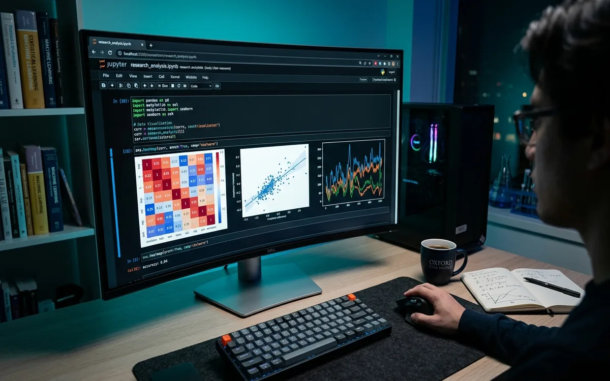 Scientific research and analytics workstation with Python data analysis charts and scientific notebook