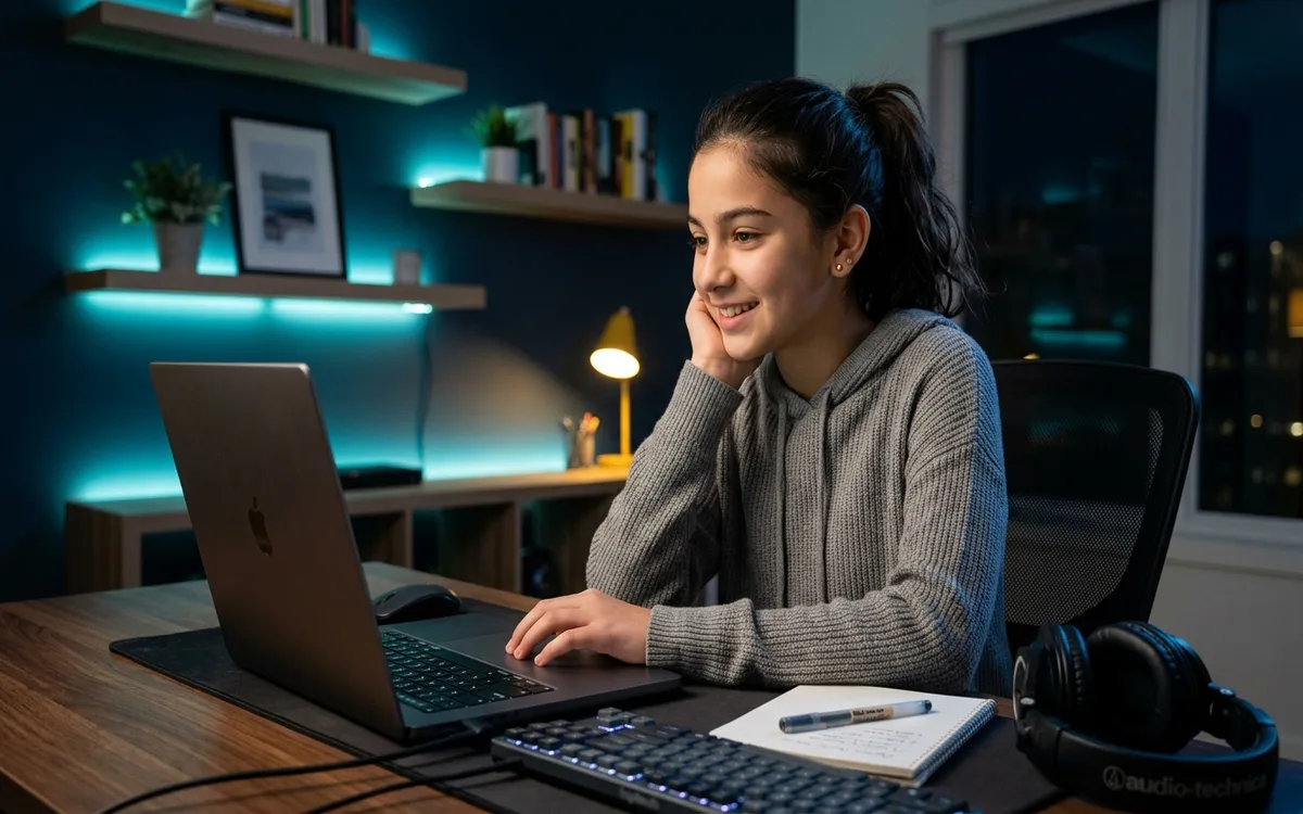 Young learner writing Python code on a laptop in a modern study environment