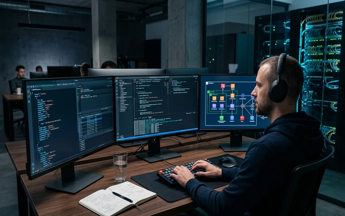 Backend engineering workspace with API request debugging, database schemas, and server architecture