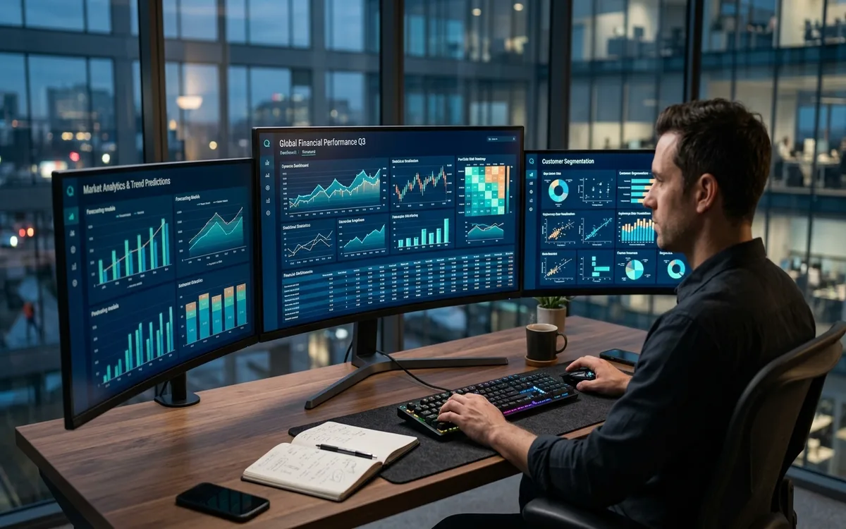 Data analyst workspace with tabular datasets, visual dashboards, and statistical charts