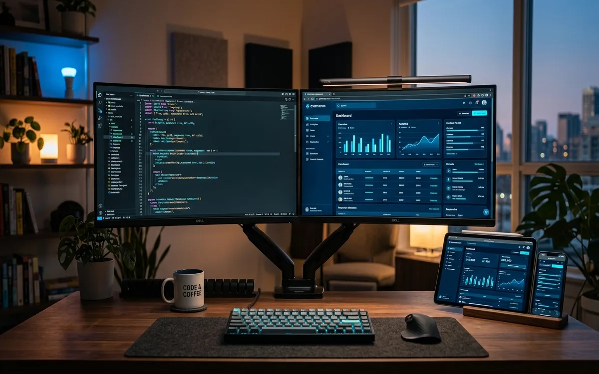 Frontend engineering workstation with modern React component code and multi-device responsive preview