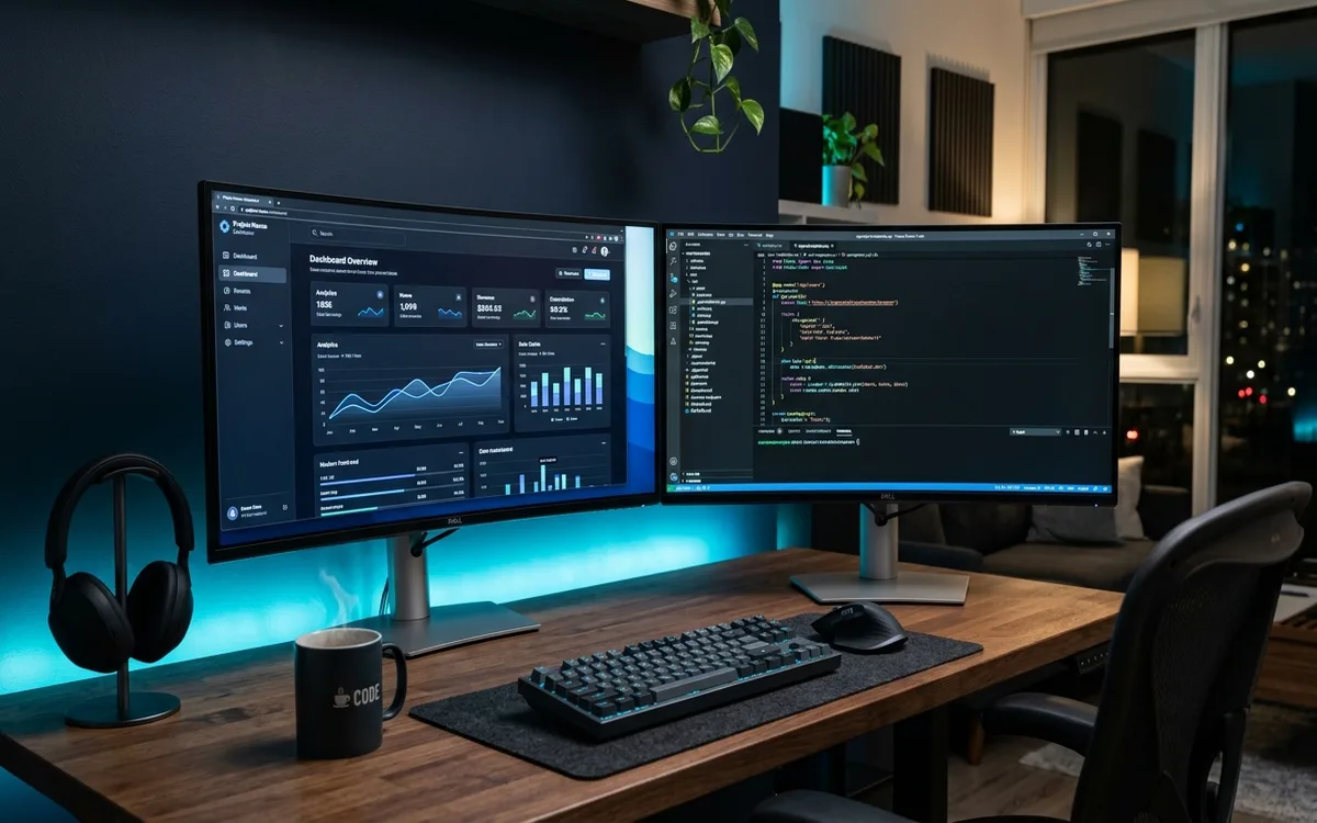 Full-stack development workstation showing responsive web frontend and backend API workflows