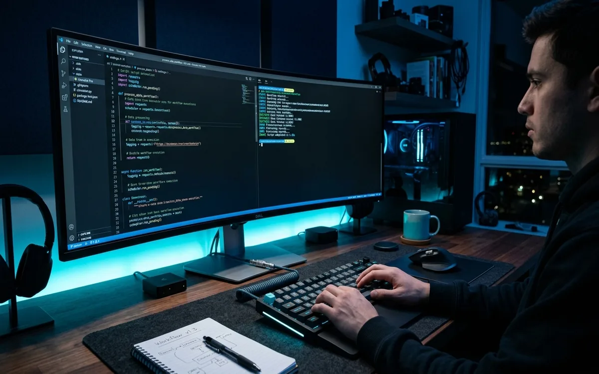 Python developer workspace with automation scripts, terminal, and backend code